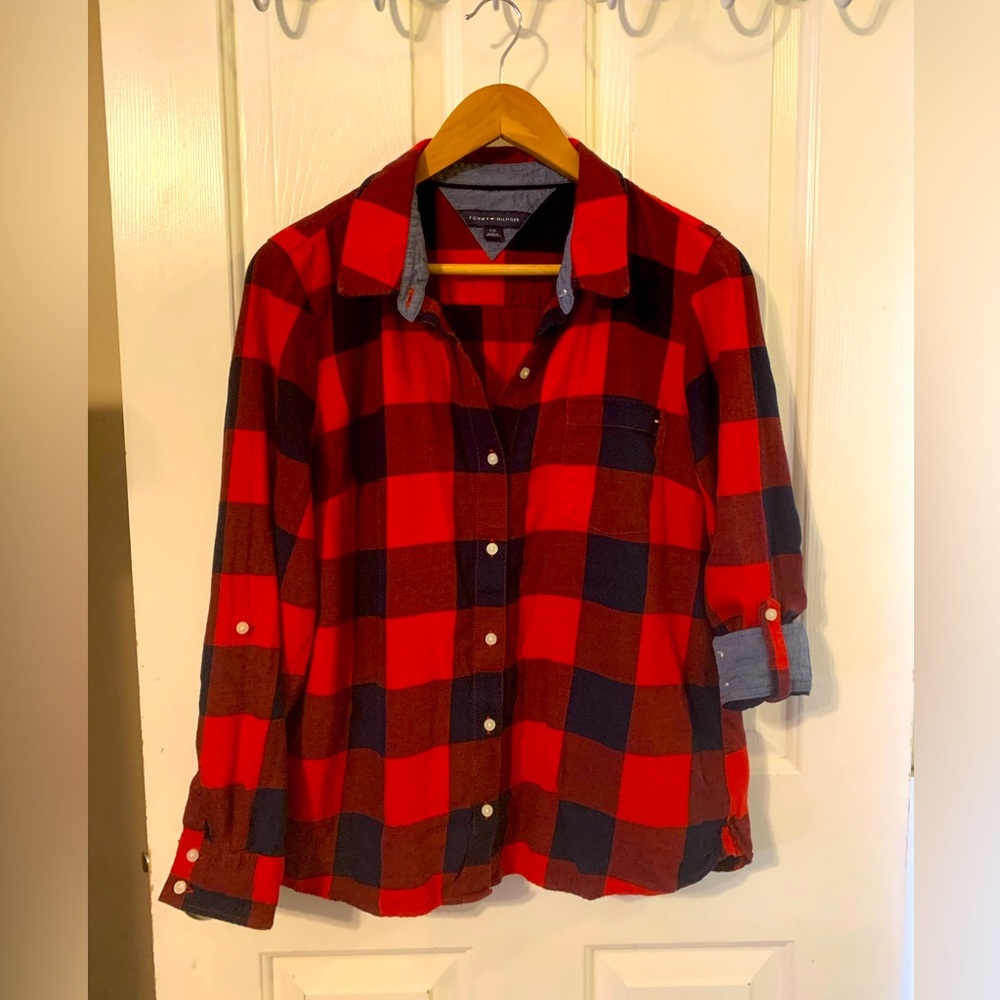 Tommy Hilfiger Red & Black Plaid Button Up Shirt with Blue Cuffs - Size Lg